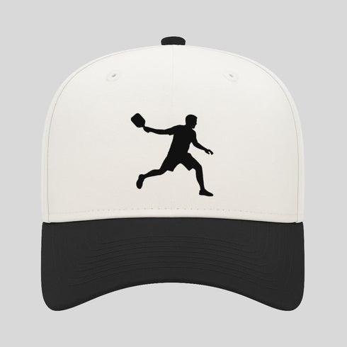 Baseball cap with black silhouette of a player on a white background